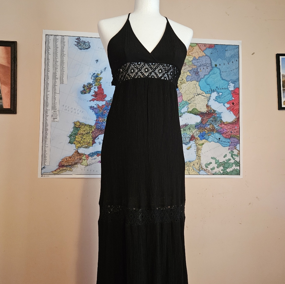 Black Crocheted Panel Halter Maxi Dress